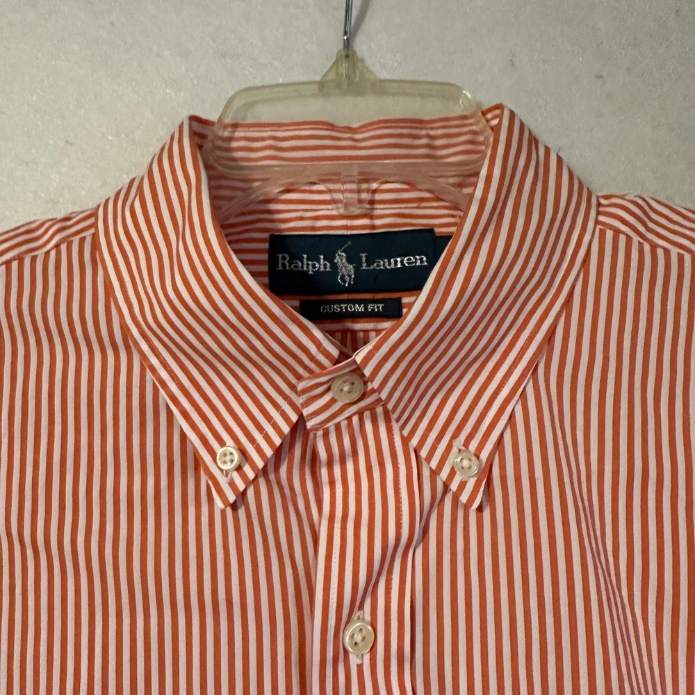 Ralph Lauren Custom Fit Mens Large Orange White Striped Button Down Shirt Cotton